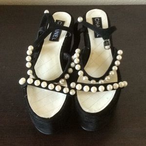 Black velvet platform Chanel sandals